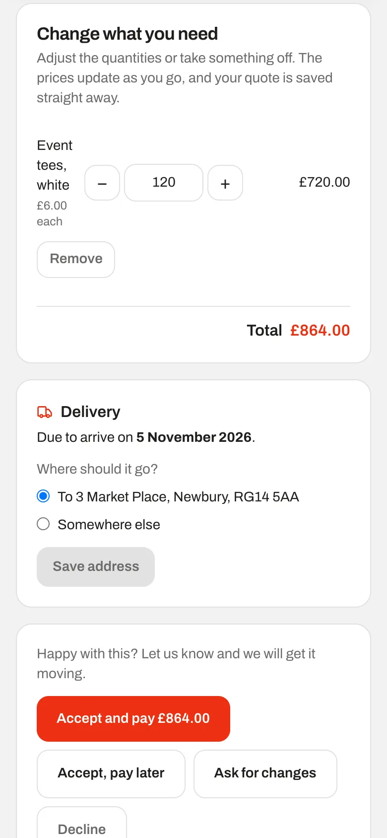 A customer changing the quantity on their quote, with Accept and pay £864.00 below.