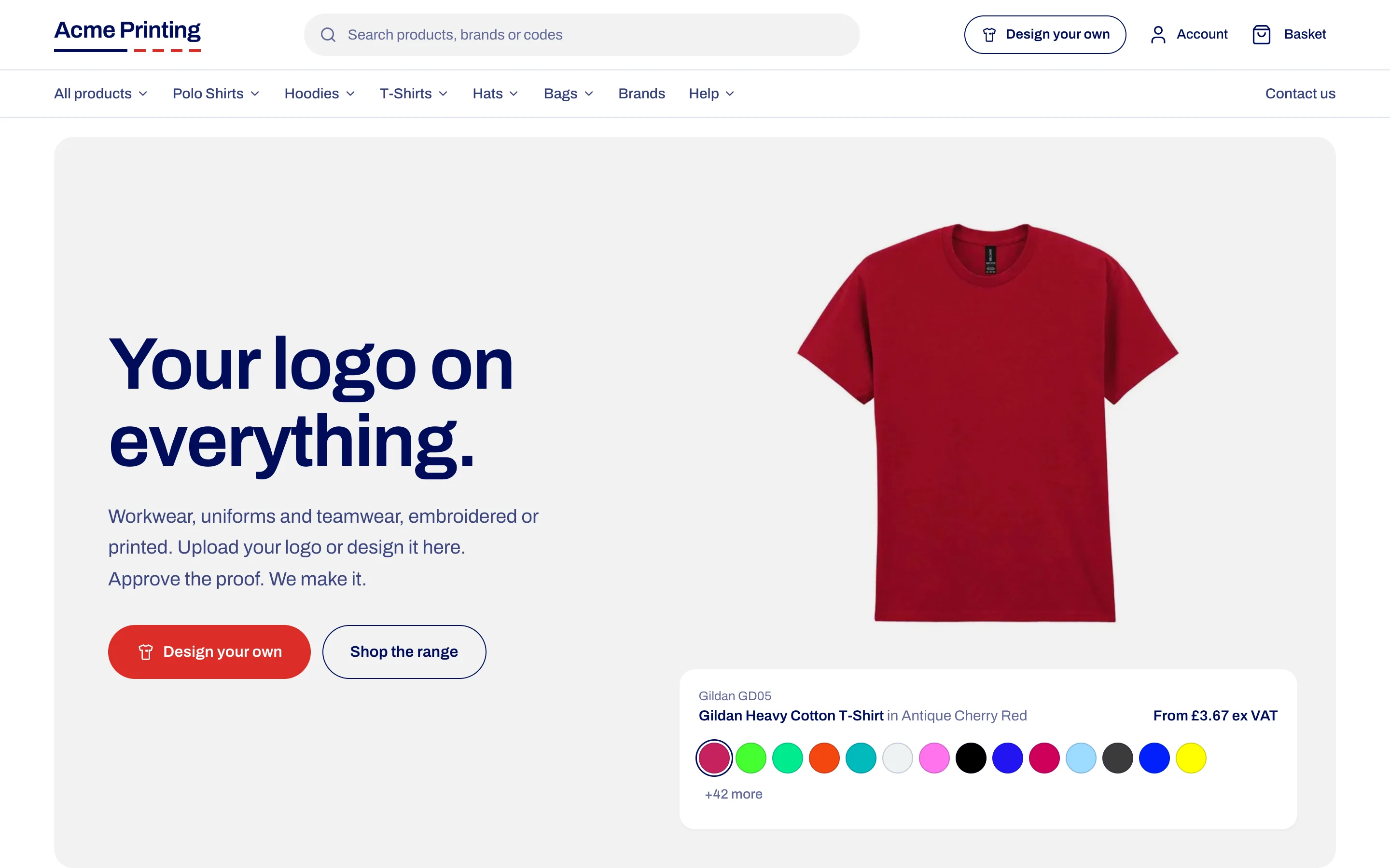 Acme Printing’s shop: a red T-shirt with its colours and price, search and the garment categories above it.