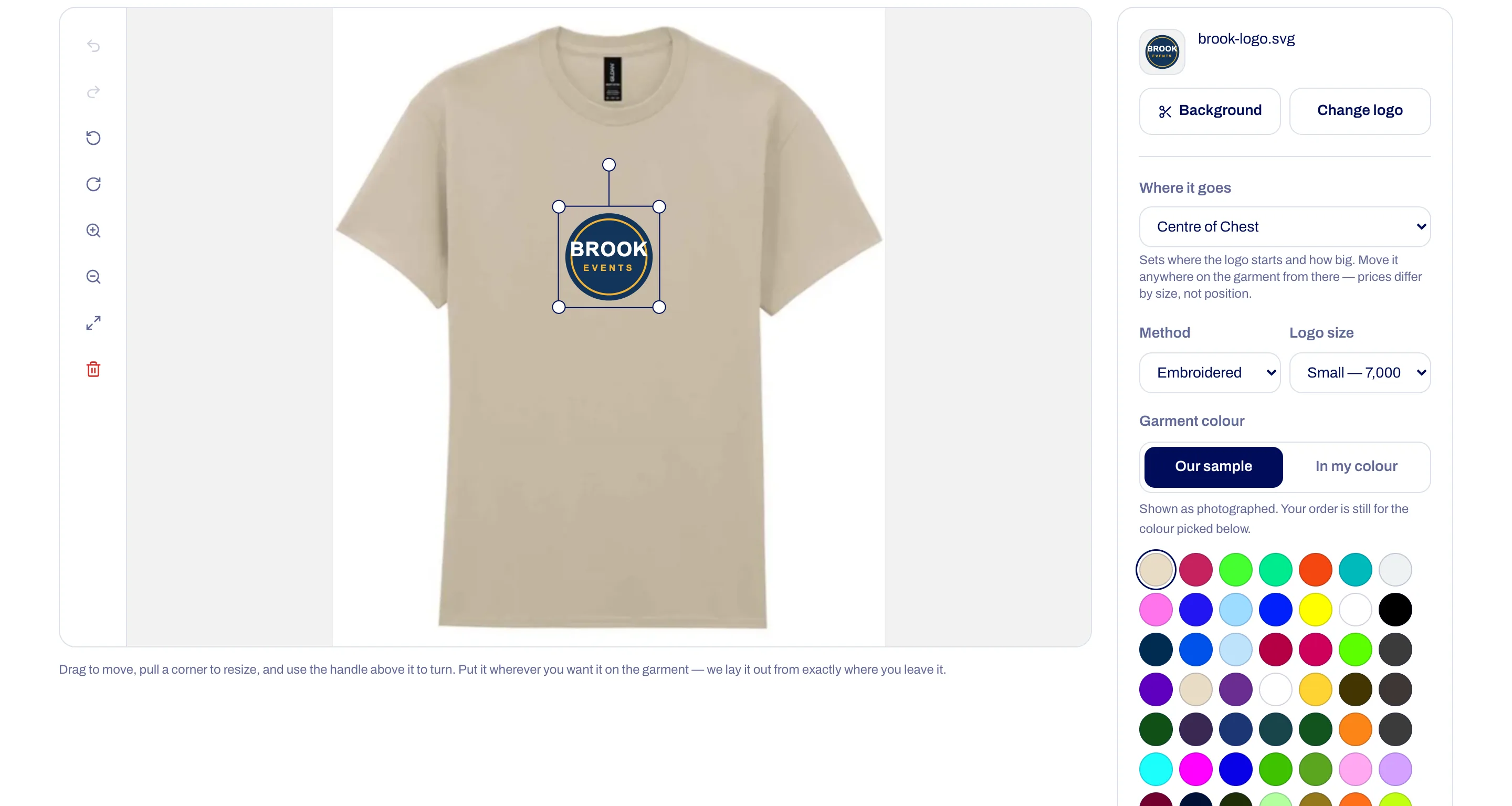 The design studio: a navy Brook Events logo placed on the chest of a T-shirt, with position, method and colour beside it.